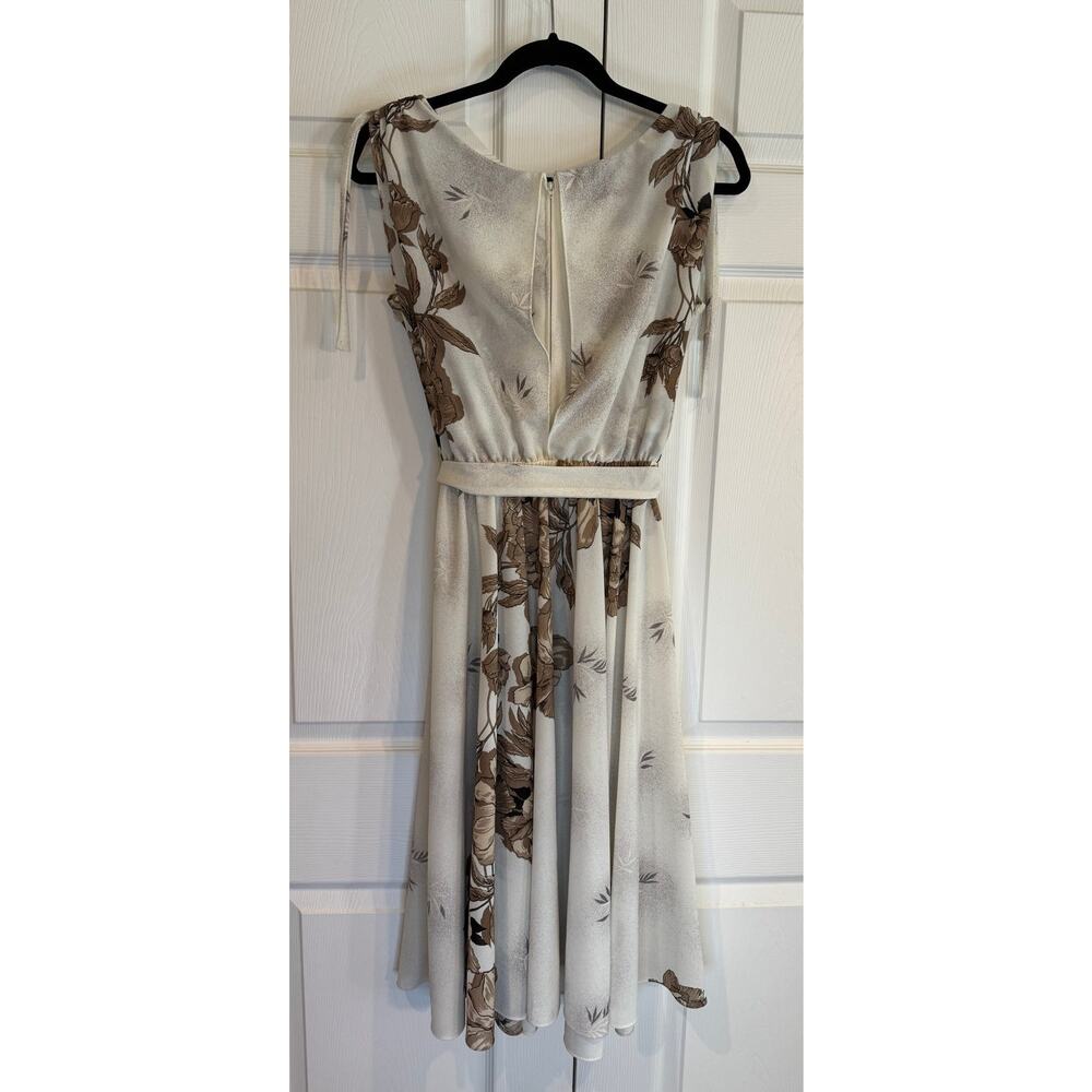 Vintage Floral Print Dress Sleeveless Tie Strap Midi Cream Brown - Picture 5 of 8